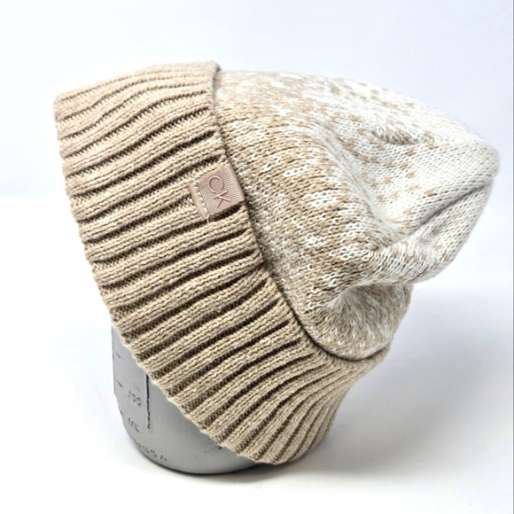 Calvin Klein Accessories - CALVIN KLEIN TAN & CREAM FLEECE LINED BEANIE HAT ACCESSORY FOLDED BRIM WOMEN OS